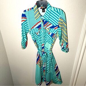 Robert Louis Button-Up, Tie Neck, Teal and Multicolor Print, Shirtdress Sz Small